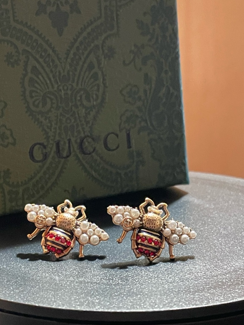 Pre owned Gucci Gold Bee Pearl Stud Earrings with Red Enamel Stripes